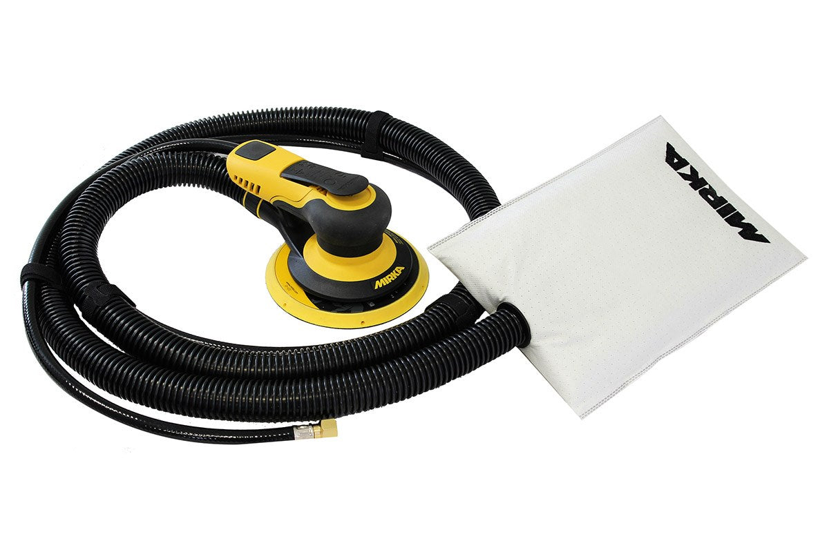 Mirka Eigenabsaugung (Staubbeutel) Druckluft-Exzenter Ø 150 mm 5,0 mm Hub, 5/16“ Gewinde, inkl. 48-Loch-PU-Teller medium, Schutzauflage, Absaugschlauch, Nippel + Adapter-Set Grip 48-Loch (1Stk)
