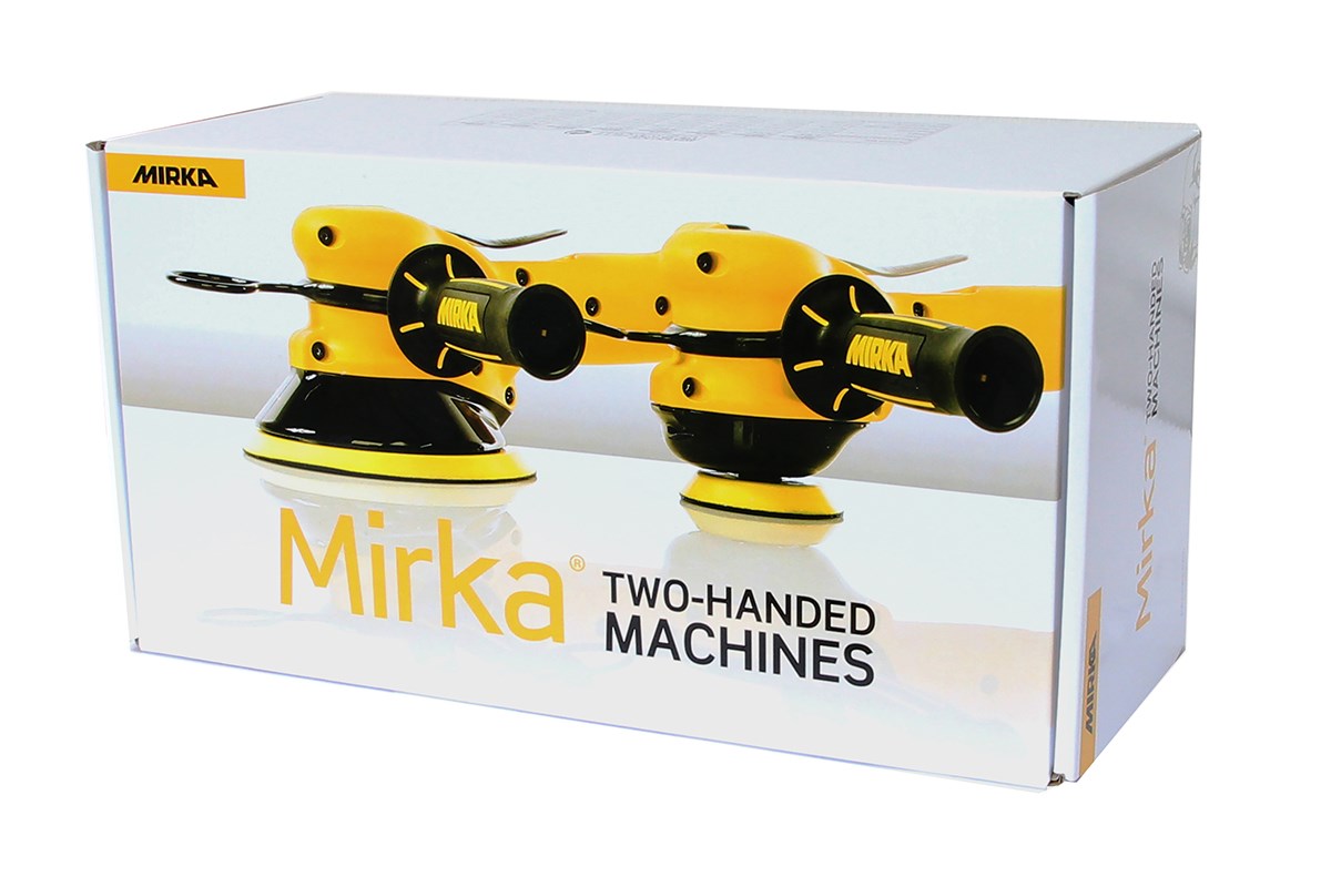 Mirka Zentralabsaugung Druckluft-Zweihandexzenter Ø 200 mm 5,0 mm Hub, Teller-Befestigung mit 8 Schrauben (ohne Gewinde), inkl. 89-Loch-PU-Teller medium, Schutzauflage, Nippel + Adapter-Set Grip 89-Loch (1Stk)