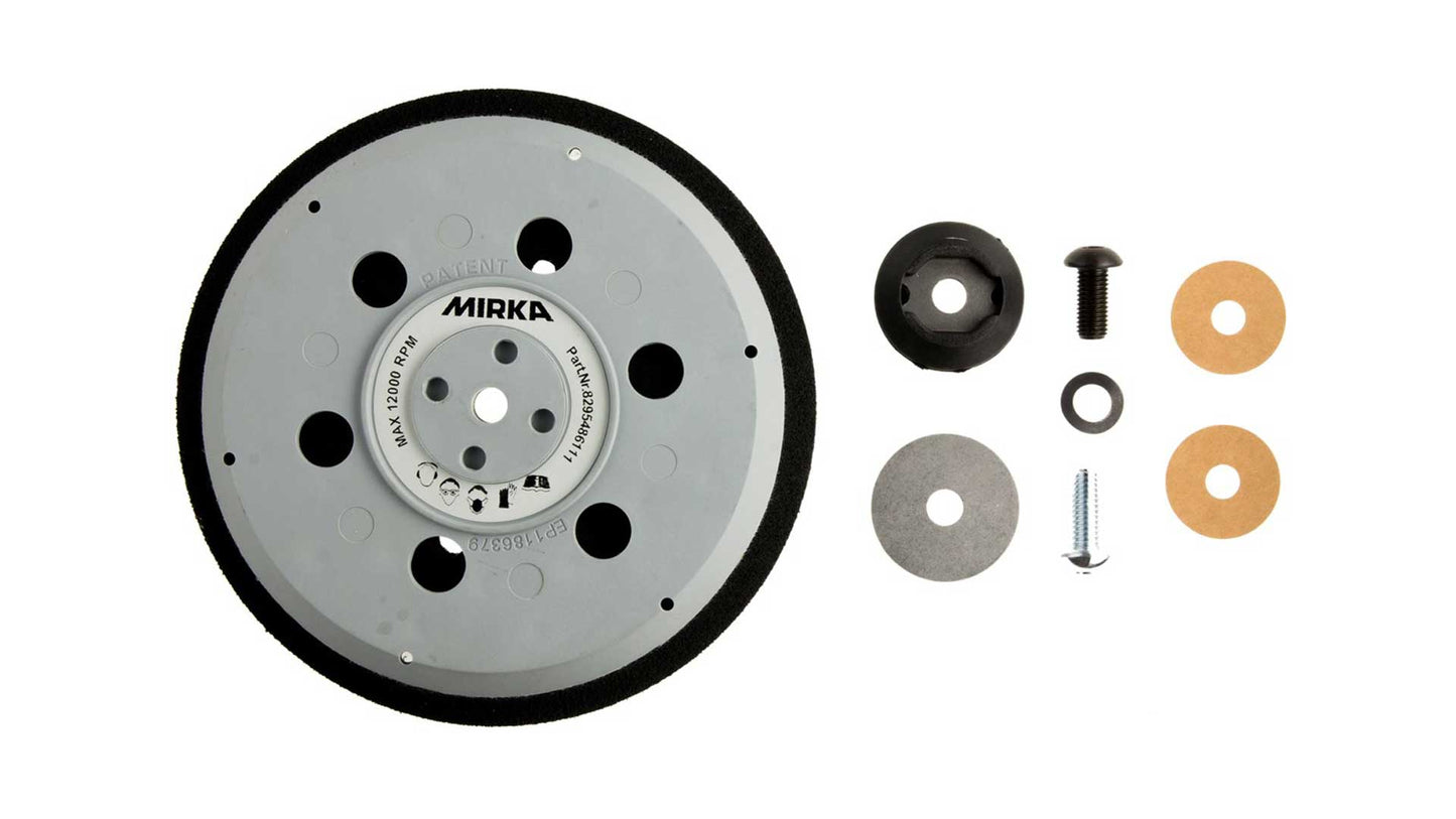 Mirka medium Grip-Teller (Unipad) Ø 150 mm 5/16“ + M8 Gewinde, inkl. Schutzauflage, geeignet für 9-Loch, 17-Loch, Abranet Grip 57-Loch (1Stk)