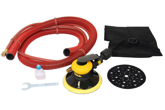 Mirka Eigenabsaugung (Staubbeutel) Druckluft-Exzenter Ø 150 mm 5,0 mm Hub, 5/16“ Gewinde, inkl. 52-Loch-PU-Teller medium, Schutzauflage, Absaugschlauch, Nippel + Adapter-Set Grip 52-Loch (1Stk)