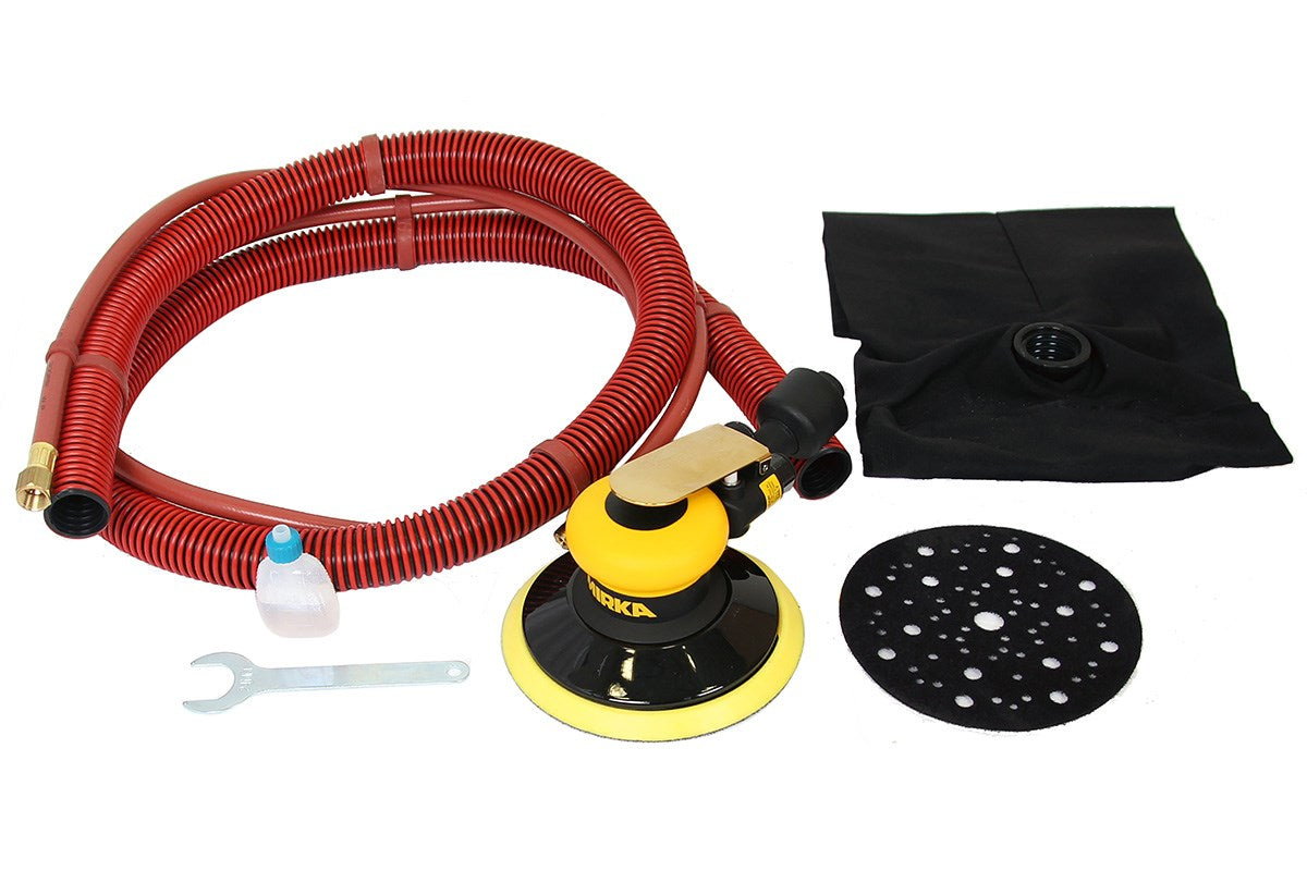 Mirka Eigenabsaugung (Staubbeutel) Druckluft-Exzenter Ø 150 mm 2,5 mm Hub, 5/16“ Gewinde, inkl. 52-Loch-PU-Teller medium, Schutzauflage, Absaugschlauch, Nippel + Adapter-Set Grip 52-Loch (1Stk)