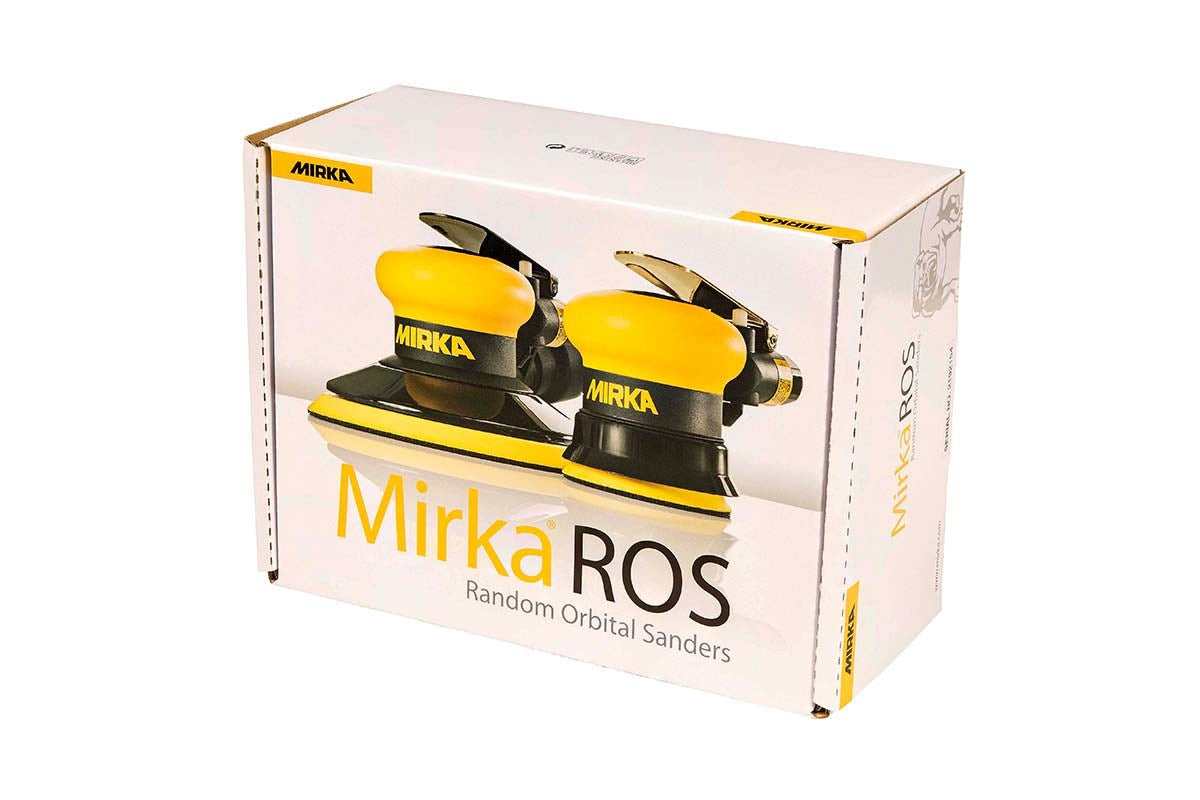 Mirka Eigenabsaugung (Staubbeutel) Druckluft-Exzenter Ø 150 mm 5,0 mm Hub, 5/16“ Gewinde, inkl. 52-Loch-PU-Teller medium, Schutzauflage, Absaugschlauch, Nippel + Adapter-Set Grip 52-Loch (1Stk)