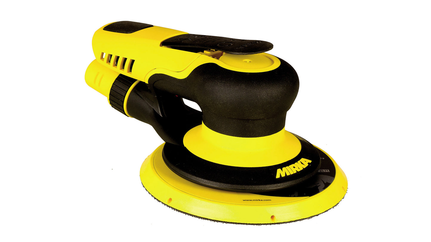 Mirka Eigenabsaugung (Staubbeutel) Druckluft-Exzenter Ø 150 mm 5,0 mm Hub, 5/16“ Gewinde, inkl. 48-Loch-PU-Teller medium, Schutzauflage, Absaugschlauch, Nippel + Adapter-Set Grip 48-Loch (1Stk)
